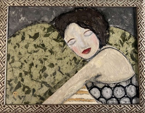 Encaustic Painting of Woman taking a nap by artist Penny Pollock