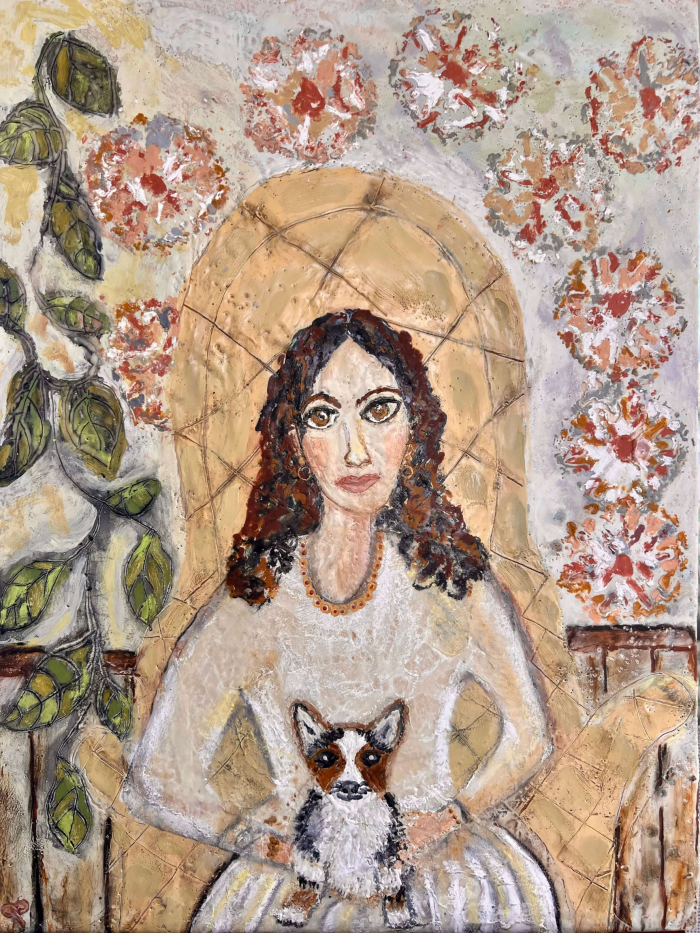 Encaustic Painting of woman and puppy in her lap. by Penny Pollock