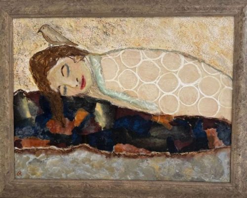 Encaustic Painting of Woman napping with bird on her head