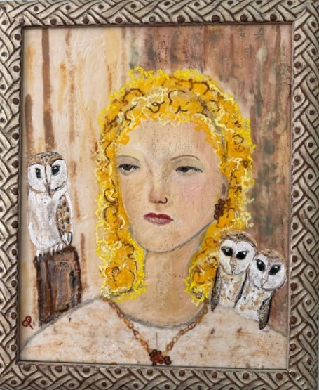 Encaustic Painting by Penny Pollock, Minerva and the Owls