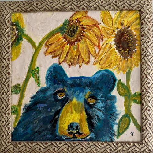 Penny Pollock Encaustic Wax Painting The Bear and the Sunflowers