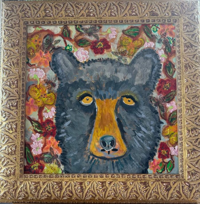 The Bear, the Bees and the Flowers- Encaustic Painting by Penny Pollock